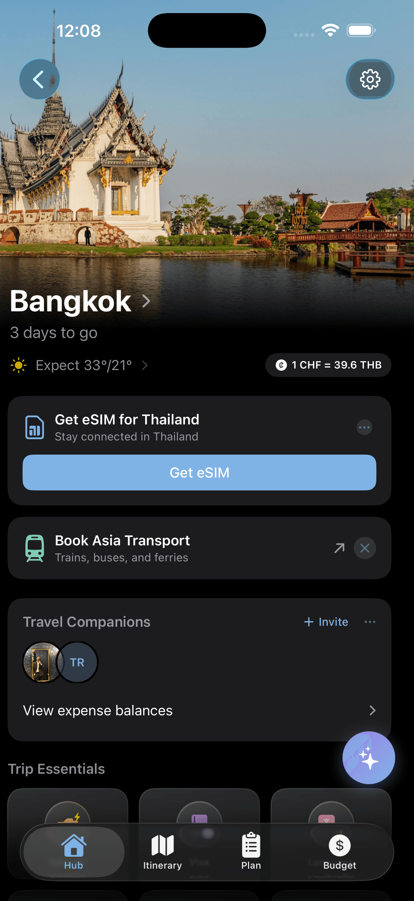The Aviendra trip hub for Bangkok: a three-day countdown, expected weather, the Swiss franc to baht rate, a Thailand eSIM and Asia transport booking