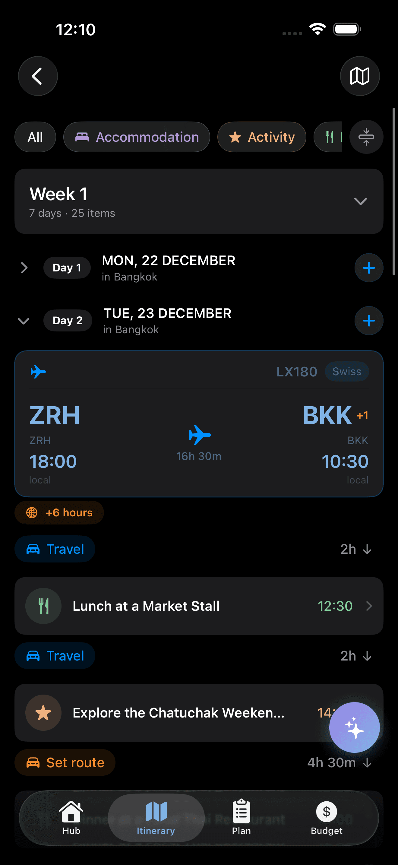 An assembled Aviendra trip: week one of a Bangkok itinerary with flights, meals, activities and travel times